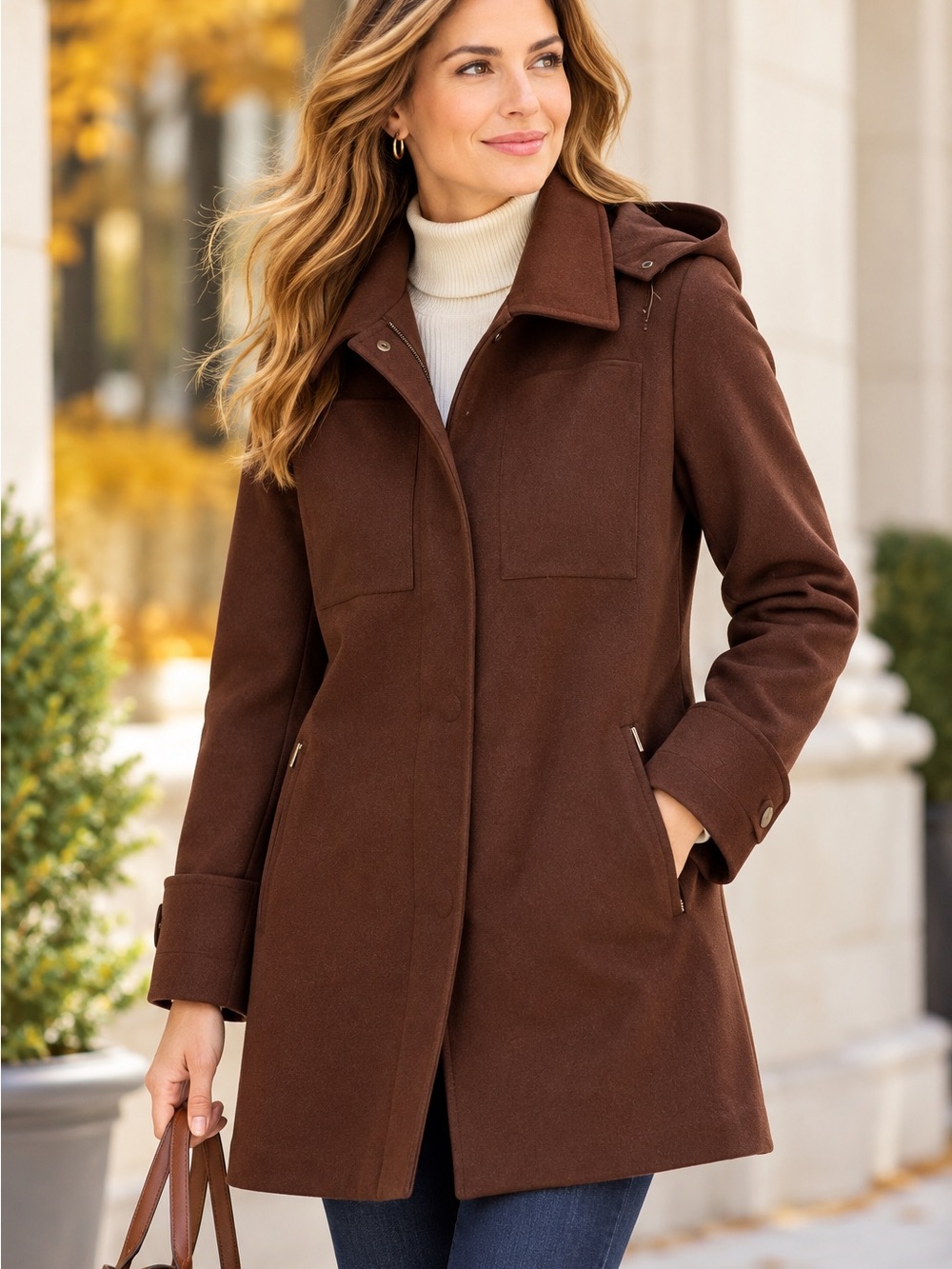 Façonnable Women’s Brown Wool Loro Piana Storm System Hooded Coat M
